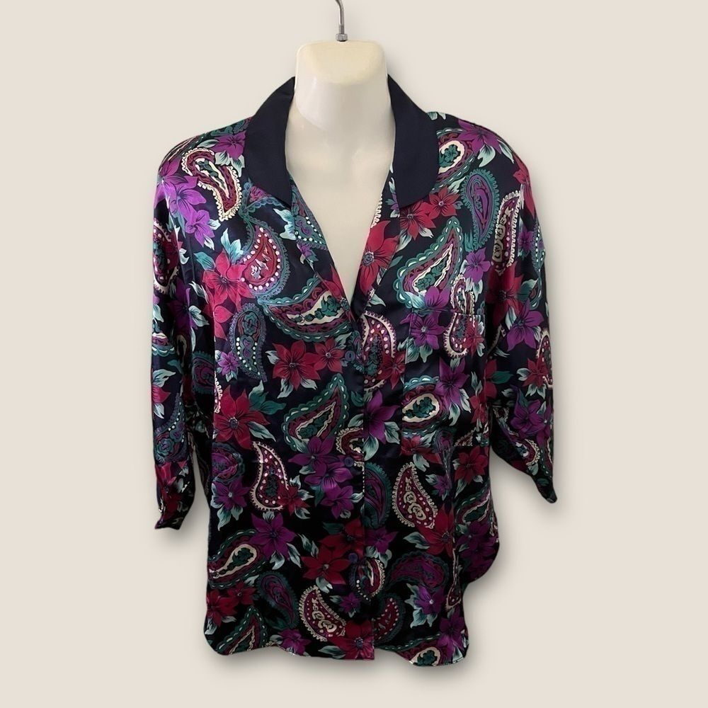 Vintage 90s Tesoro Satin Paisley Blouse Jewel Tone Floral Print Button Down S
